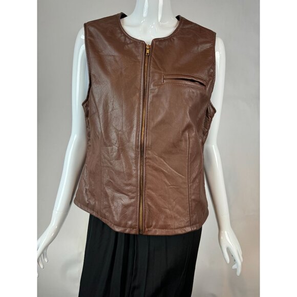 Ellen Kreager Brown Leather Womens Vest With Front Zipper & Chest Pocket Large - Picture 13 of 16